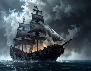 Ancient sailing ship cutting through stormy ocean waves with heavy smoke and dramatic light creating an epic dark fantasy atmosphere