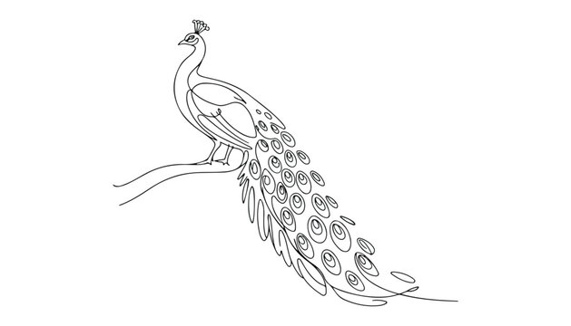 One continuous line illustration of an peacock, isolated on white background.