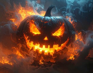 Sinister flaming pumpkin face emerging from thick smoke with intense fire light and a dark fantasy horror mood