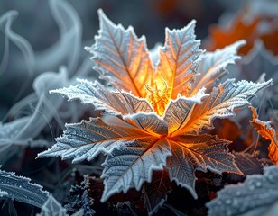 Frost covered maple leaf glowing with warm inner light amid soft smoke creating a poetic winter fantasy mood