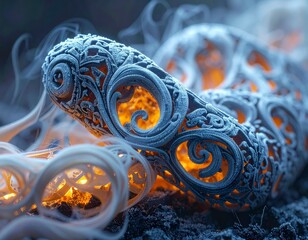 Ornate frozen metal filigree glowing from within by firelight surrounded by swirling smoke in a dark fantasy setting