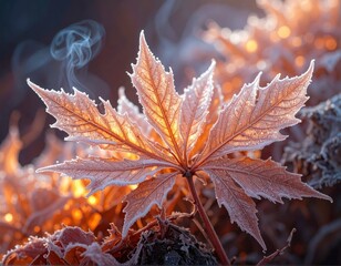 Frosted autumn leaf illuminated by fire behind it with soft smoke creating a warm and cold seasonal fantasy contrast