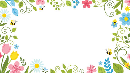 Vibrant floral border with colorful flowers and busy bees