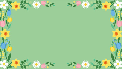 Vibrant floral border with colorful flowers on green background
