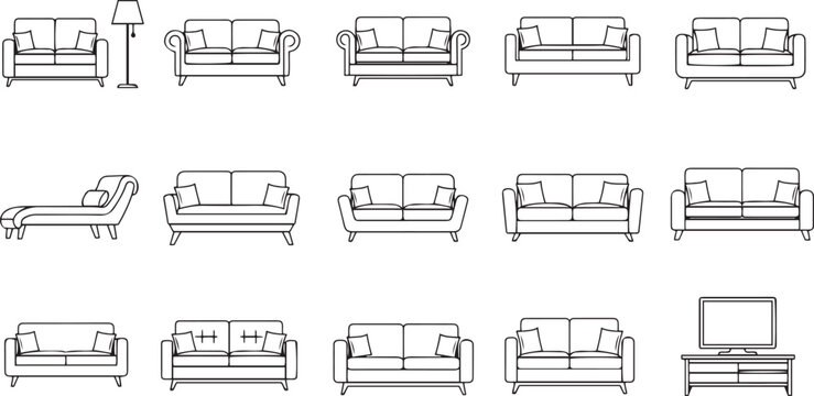 Sofa and armchair furniture set, modern living room seating, minimalist couch outline, interior home decor icons, cad drawing flat vector illustration