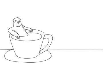 Obraz premium Single line drawing of adored sloth for nature concept shows cute animal soaking in warm coffee cup. Simple sketch fits an international coffee day theme with the favorite slow wild forest mammal
