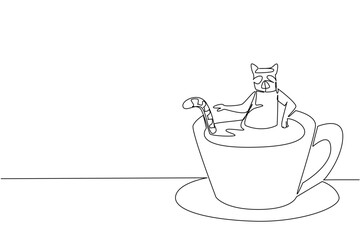 Continuous line drawing of playful lemur shows cute animal soaking in hot coffee cup for nature safari concept. Unique design features the charming primate for an international monkey day theme in art © Simple Line