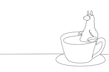 Obraz premium Single line drawing of fluffy cute alpaca features the wild animal soaking in warm coffee cup for nature concept. Minimalist design represents international coffee day theme for children events decor