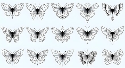 Collection of abstract butterfly tattoo patterns using geometric lines