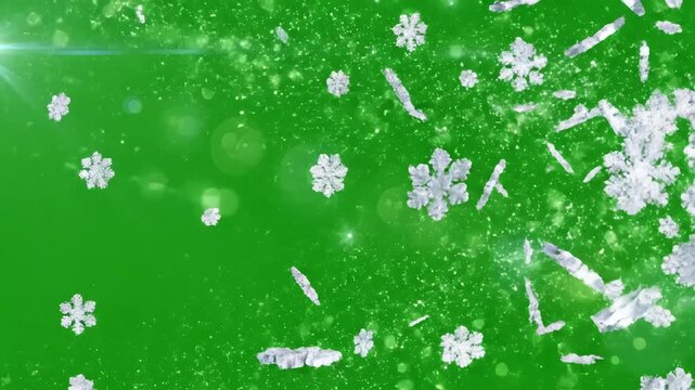 Green Screen snowflake wipe transition scene 2 with distortion, overlay, glitch, static noise, scan lines on black background, 4k animated video loop