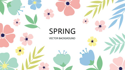 Vibrant spring flowers and leaves on white background
