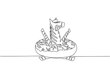 Fototapeta premium Single line drawing of zebra shows cute safari animal sitting inside sweet donut for pastry concept. Unique design features the striped Africa creature for international food day theme in minimalist