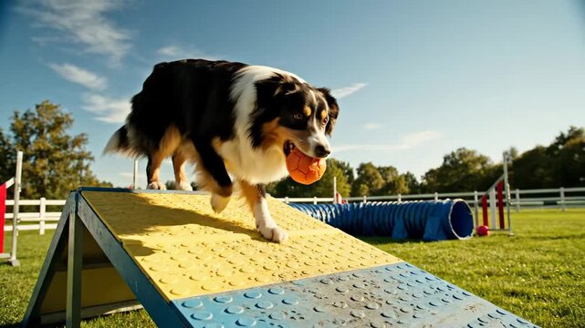Playful dog with ball on agility course A-frame obstacle under sunny sky