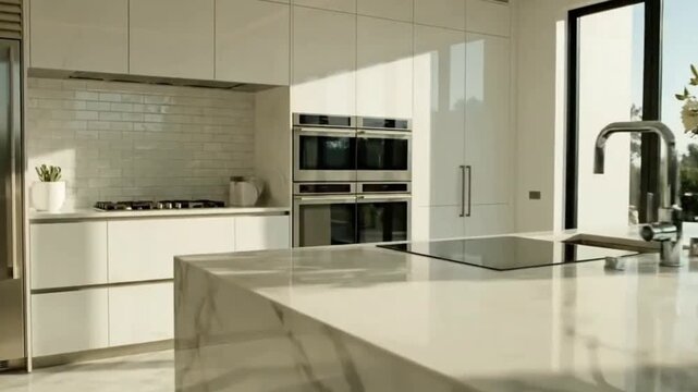 A bright modern kitchen features white glossy cabinets a subway tile backsplash integrated stainless steel ovens and a large marble island with a cooktop faucet and floral arrangement