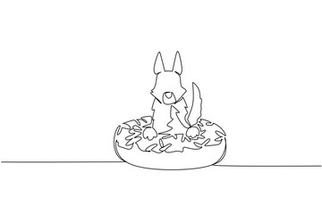 Fototapeta premium Single line drawing of playful wolf show cute animal sitting inside glazed donut for fancy pastry concept. Unique design feature wild forest canine for international food day theme in minimalist style
