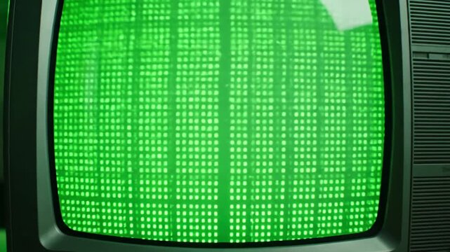 Green Screen 1990 s tv slow push in scene 2 with distortion, overlay, glitch, static noise, scan lines on black background, 4k animated video loop