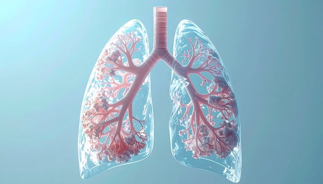 3D rendered transparent depiction of human lungs and airways on a blue backdrop