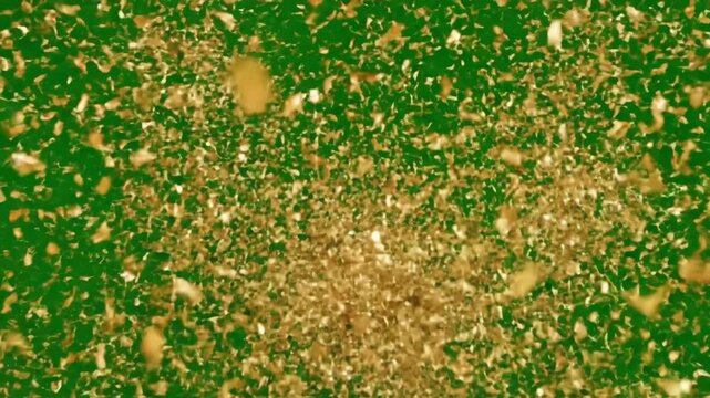 Green Screen golden confetti explosion on scene 2 with distortion, overlay, glitch, static noise, scan lines black background, 4k animated video loop
