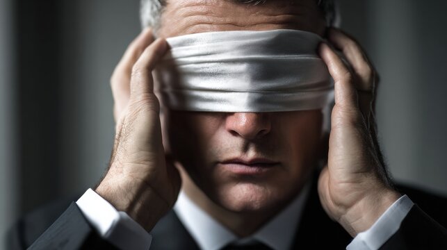 Businessman Removes Blindfold in Defining Moment of Realization During Important Decision-Making Process in a Corporate Setting