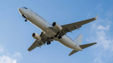 Obraz premium Passenger aircraft crossing the sky, photographed from a slightly angled underside viewpoint, engines mounted under the wings clearly visible, clean sky background, strong perspective distortion.