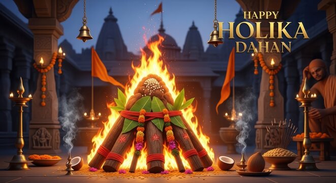 A vibrant holika dahan celebration with a large bonfire temple and traditional offerings high quality professional