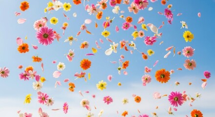 Fototapeta premium Colorful flowers and petals floating gently in the sky on a serene bright sunny day with clear blue atmosphere.