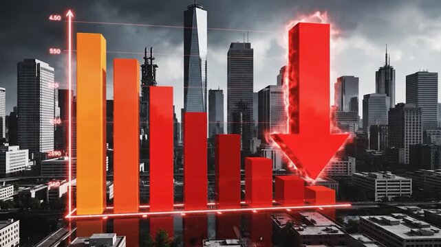 Financial graph shows a downward trend with a large red arrow over a city