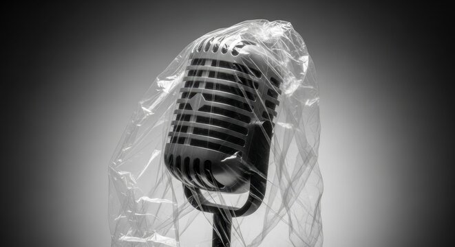 Classic silver microphone fully wrapped in transparent plastic hanging in monochrome studio setting