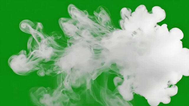 Dense Billowing Plume with white smoke isolated on green screen chroma key alpha channel background distortion, overlay, glitch, static noise, scan lines black background, 4k animated video loop