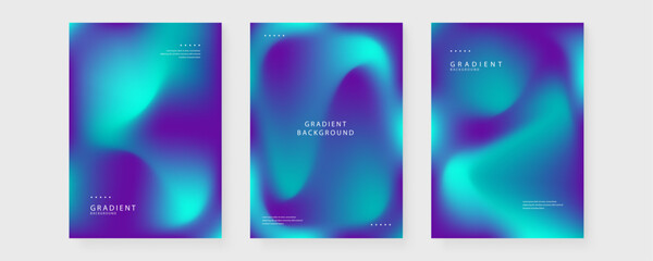 Fototapeta premium Collection of three abstract fluid gradient posters with vibrant cyan and deep purple hues featuring grainy texture and modern minimalist layout for digital marketing and branding