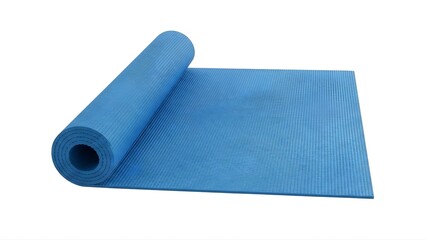 A blue yoga mat rolled up on a white background on transparent background