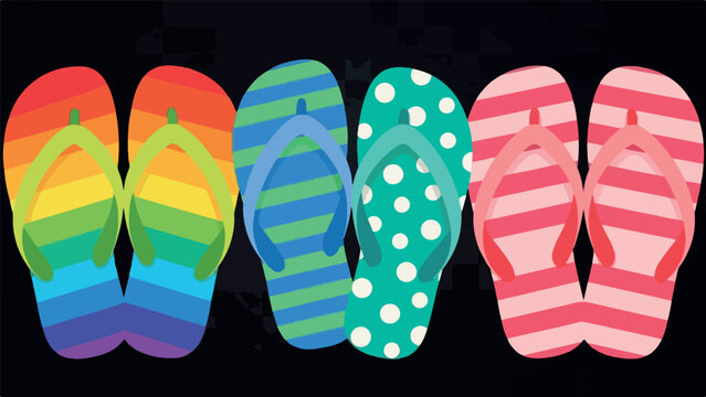 Colorful flip flops with rainbow, striped, and polka dot patterns on a black background.