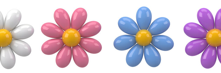 Fototapeta premium Cute plastic 3d flowers top view with colorful pastel petals. Render illustration set of spring or summer abstract plasticine bubble bloom. Season puffy soft blossom floral design elements