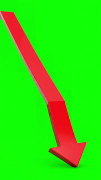 Crisis Symbolism with red downward arrow as a symbol of failure on green screen or chroma key background negative trend symbolizes recession loss bankruptcy concept 4k animation distortion, overlay