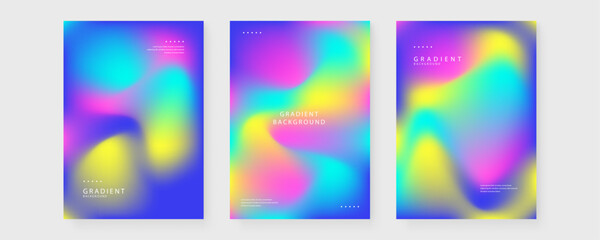 Obraz premium Set of three vibrant posters with neon holographic colors and futuristic mesh gradients