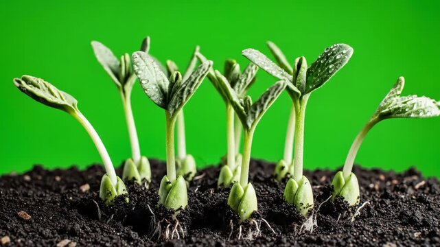 Growth and Vitality with timelapse sprouting of sprouts from the ground in a dynamic shot high quality 4k footage distortion, green screen overlay, glitch, static noise, scan lines on black