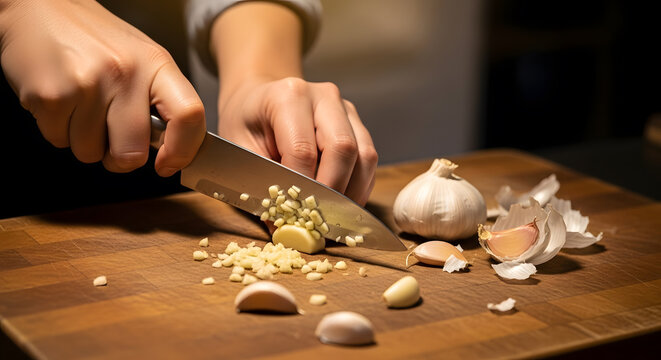 Professional cook mincing organic garlic with a sharp knife on a rustic kitchen table