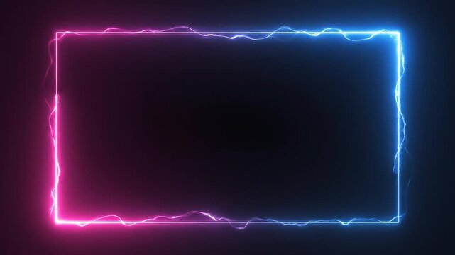 Futuristic neon glowing rectangular frame with vibrant pink and blue electric light effects on a dark background.