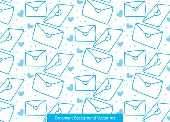 A seamless pattern of blue outline envelopes with small hearts and scattered dots on a white background, perfect for romantic or communication themes.