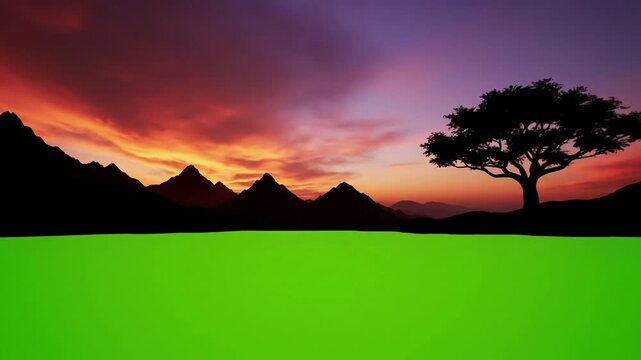 Dramatic Sunset Landscape with silhouette young caucasian woman standing on the top of a mountain or roof watching beautiful green screen background chroma key distortion, overlay, glitch, static
