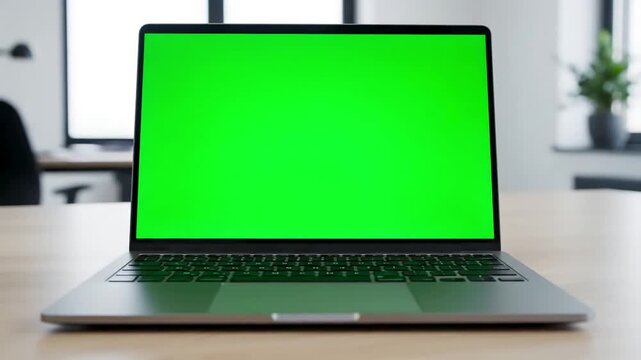Modern Office Workspace with worker scrolling touchpad green screen laptop at workplace close up distortion, overlay, glitch, static noise, scan lines on black background, 4k animated video loop