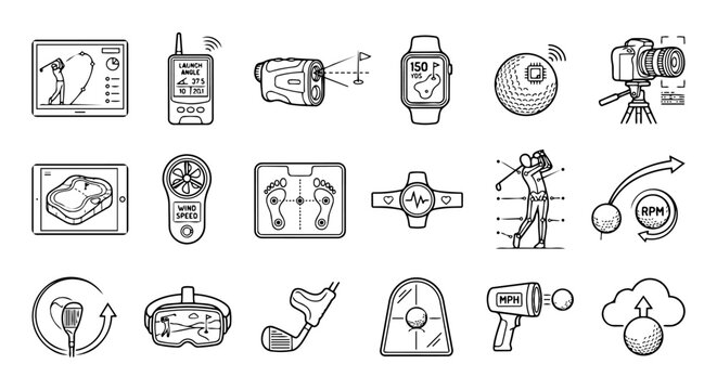 Golf technology and performance tracking outline icon set with smartwatch and radar