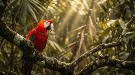 Scarlet Macaw in Lush Jungle, Wildlife Photography, Natural Habitat, Vibrant Environment, Close-Up View