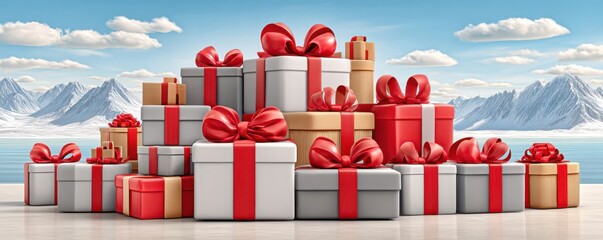 Naklejka premium Pile of gift boxes with red ribbons in a snowy mountain lake setting