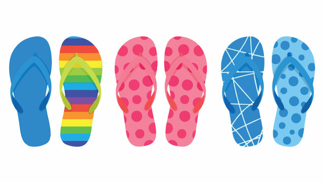Six colorful flip flops with various patterns on a white background.