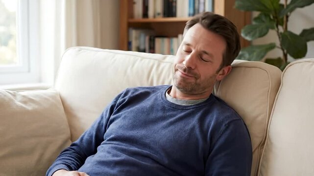 A man rests on his sofa with low mental energy, quietly expressing mental fatigue in a familiar home environment.