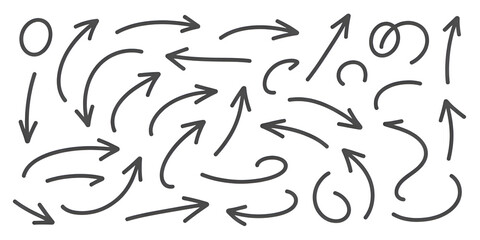 Hand drawn arrow set with crayon texture - curved and straight, spiral and wavy directional pointers for navigation or infographic design. Black sketchy marks on white bg for web and print projects.
