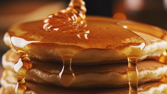 A close-up shot of golden-brown pancakes stacked high with amber syrup slowly drizzling and cascading down the sides