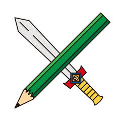 ペンは剣よりも強し　鉛筆と剣が交差した線画カラーイラスト