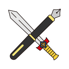 The Pen Is Mightier Than the Sword &ndash; Crossed Fountain Pen and Sword Line Art Illustration